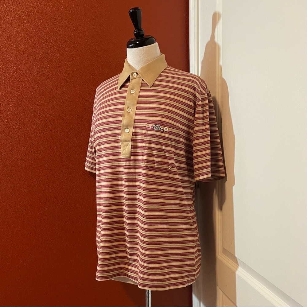 VTG Sears Men’s 80’s Bragging Dragon Embroidered Rip Striped‎ Polo Shirt